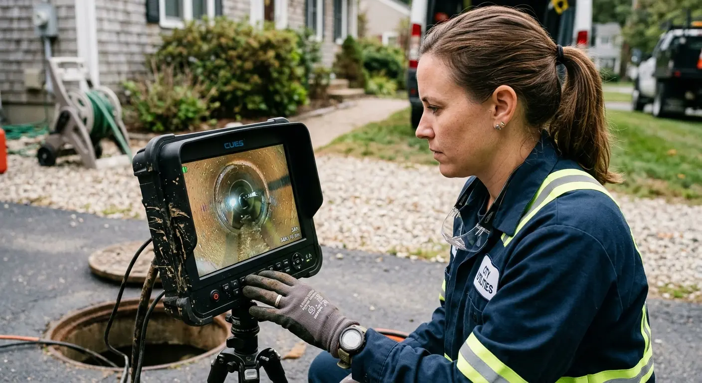Technician reviewing sewer camera inspection footage in East Hemet