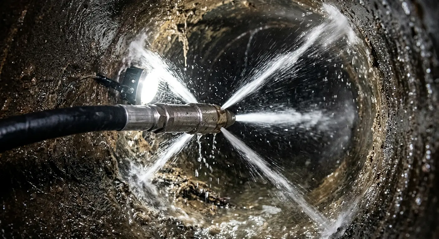 High-pressure hydro jetting nozzle cleaning sewer pipe for Trenchless Sewer Repair in East Hemet