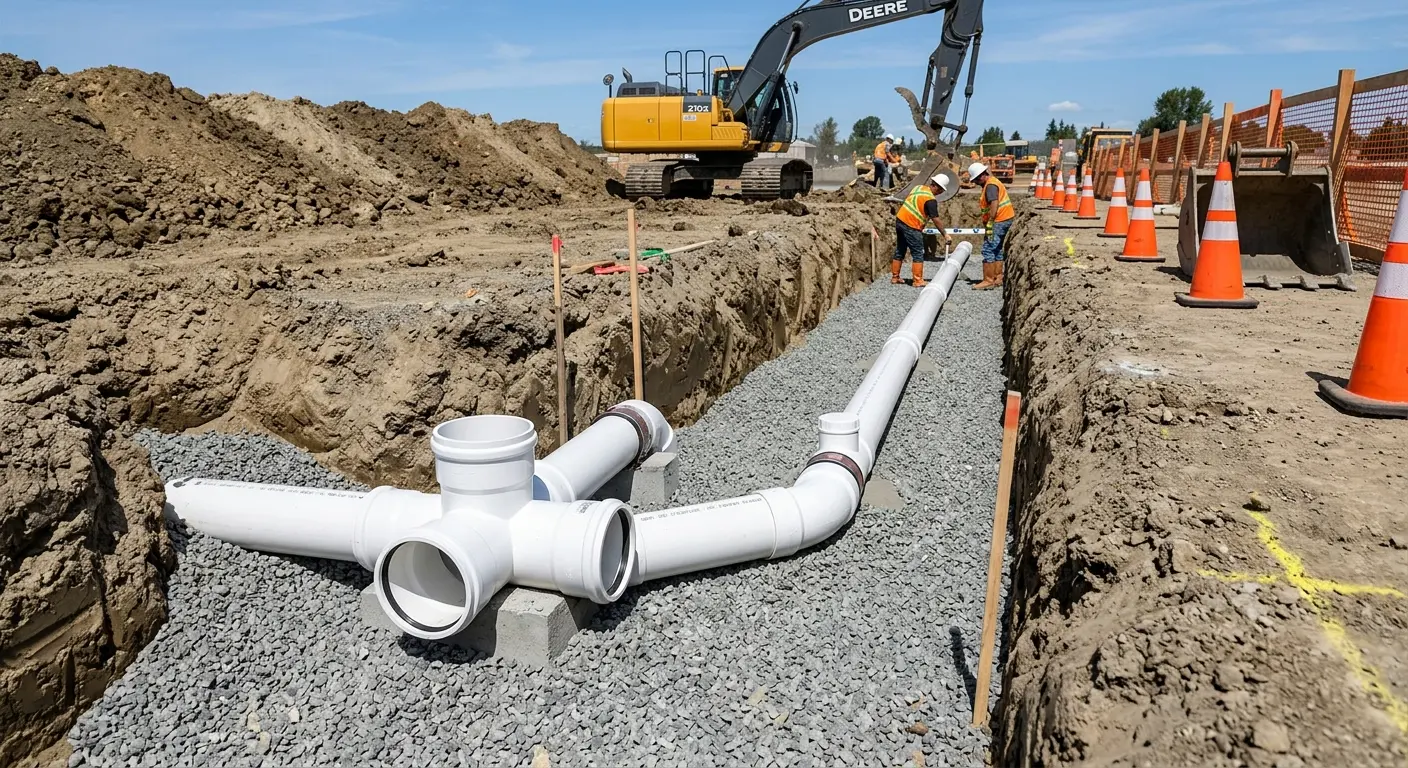 New PVC sewer pipe installation in open trench for Commercial Drain Cleaning in East Hemet