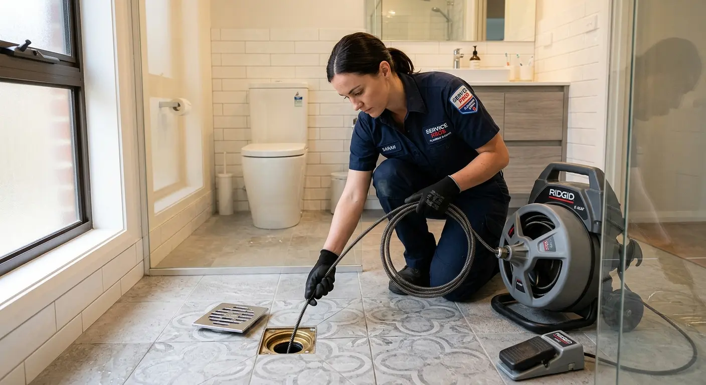 Technician clearing a bathroom floor drain for Drain Repair in East Hemet